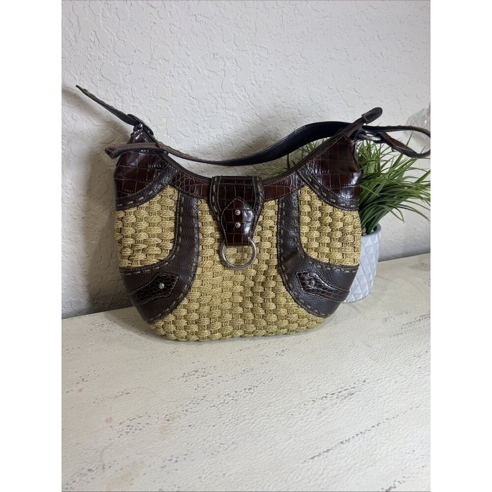 Brighton Heavily Detailed Straw/Leather Shoulder Bag w/ Silver Hardware